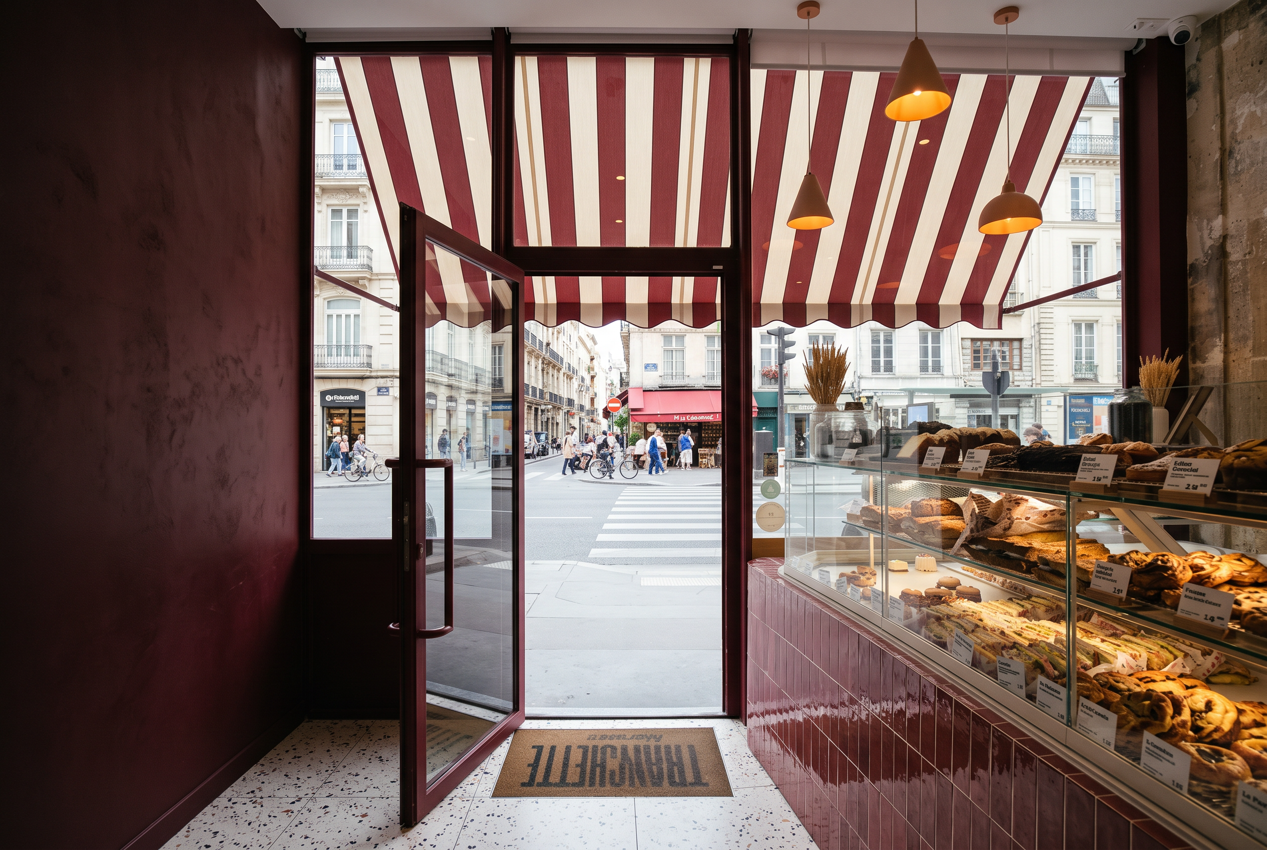 Interior de una panadería con toldo rayado y vitrina