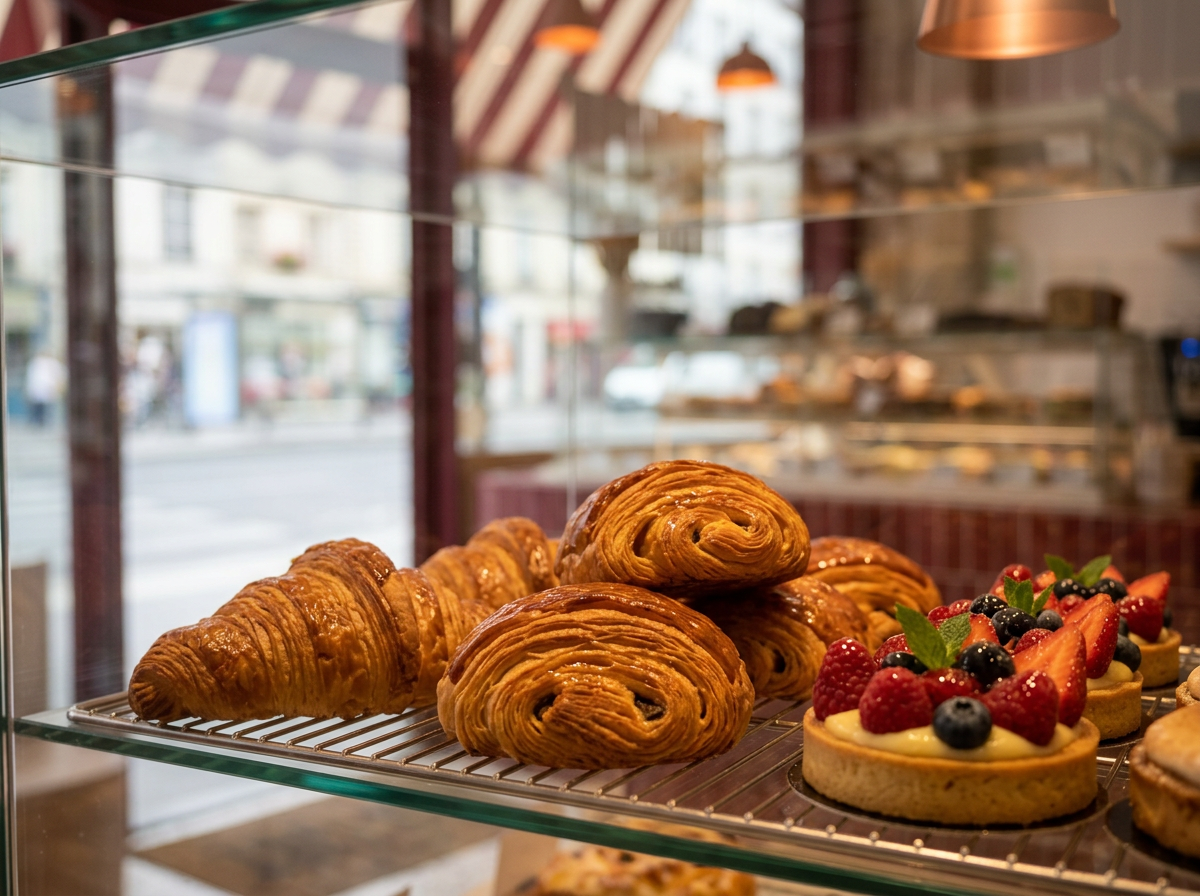 Croissants y tartaletas en vitrina